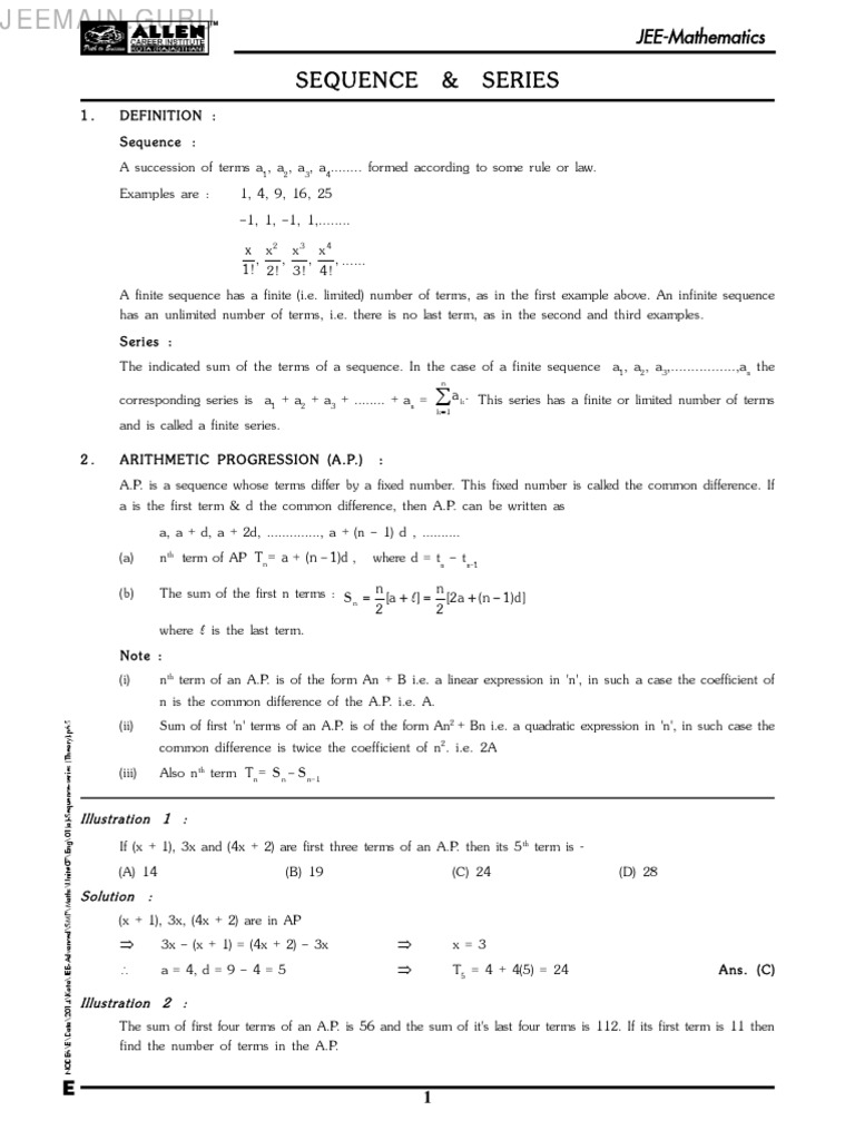 Sequence and SeriesJeemain Guru PDF PDF Numbers Sequence