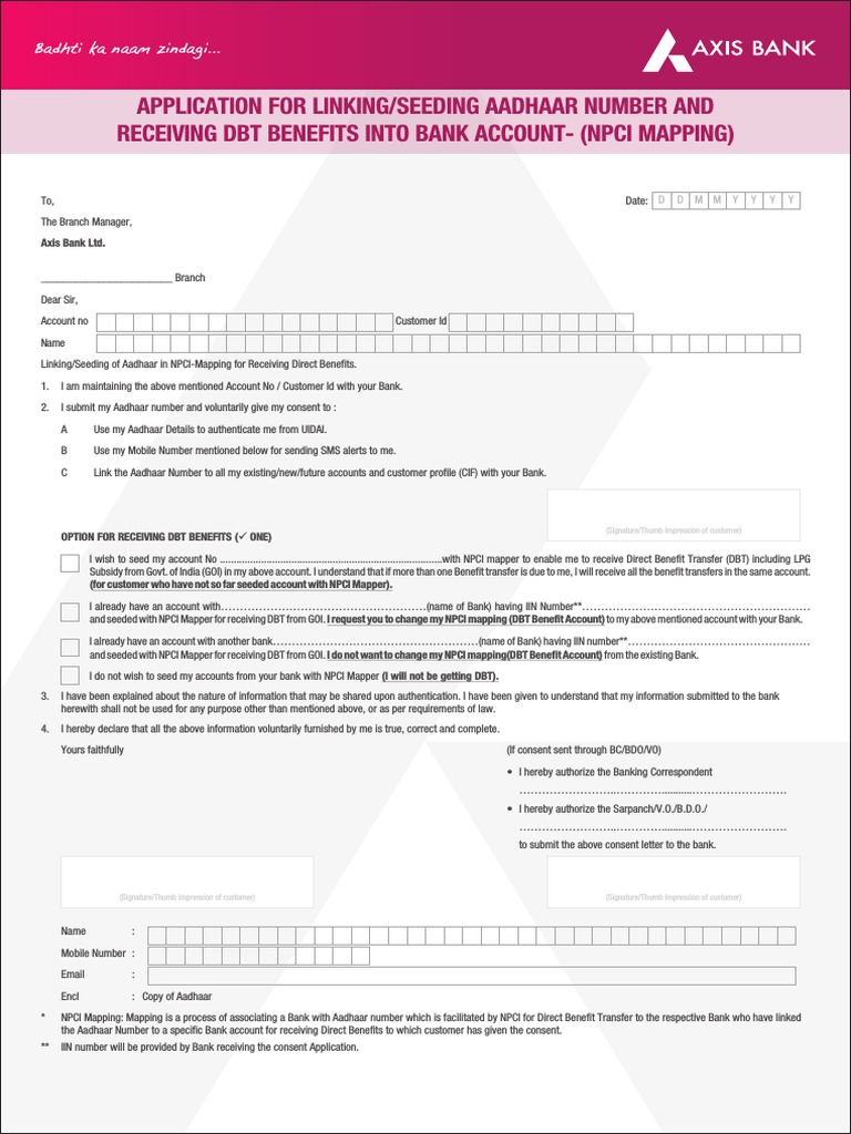 Aadhaar Seeding With Bank Account Form