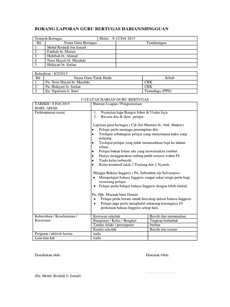 Borang Laporan Guru Bertugas Harian Pdf