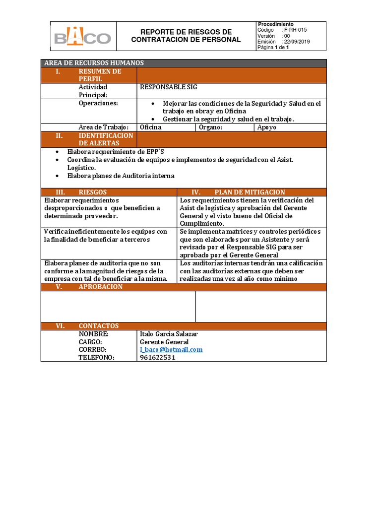 Reporte de Riesgos Responsable Sig | PDF