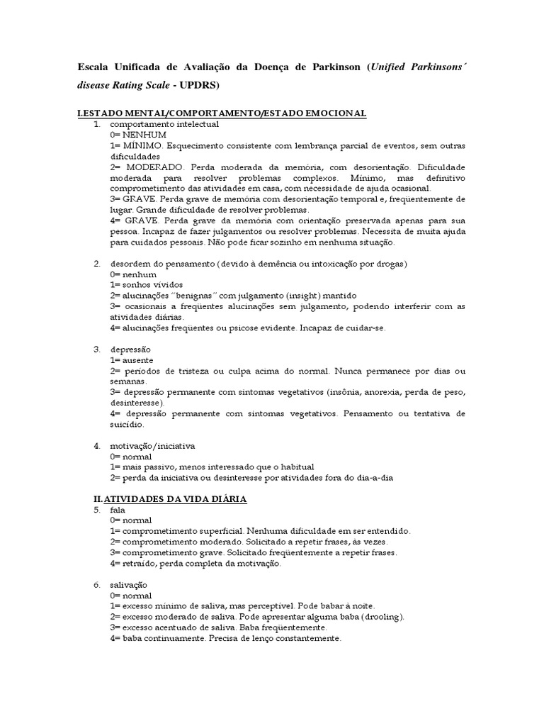 Escala UPDRS: Avaliação da Doença de Parkinson | PDF | Mal de Parkinson ...