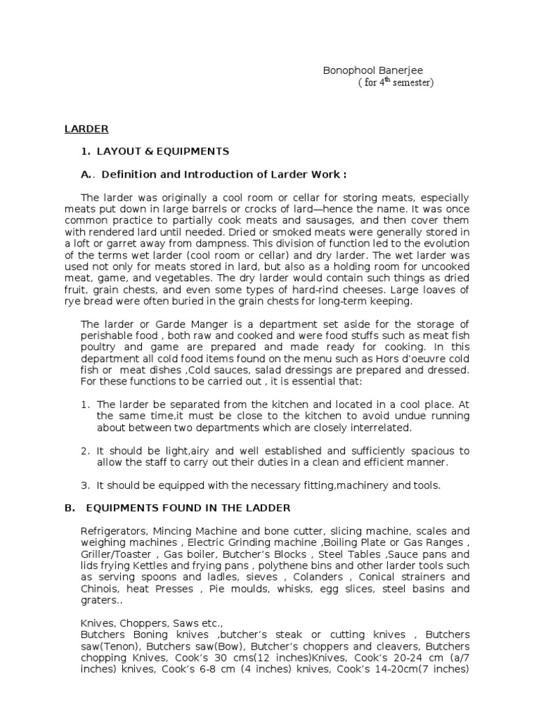 Class Note 1 On Larder Download Free PDF Garde Manger Chef