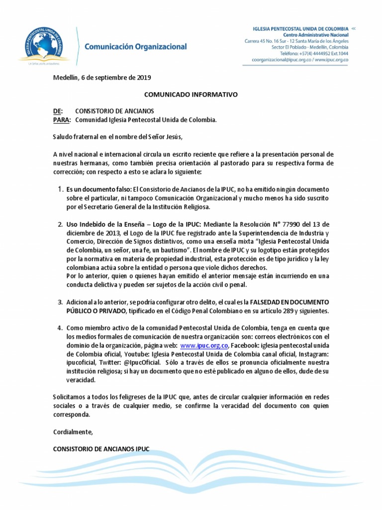 Comunicado sobre Documento Falso IPUC | PDF | Pentecostalismo | Colombia