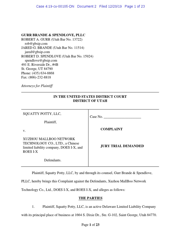 Squatty Potty v. Xuzhou MallBoo Network Tech. Complaint Download Free PDF Patent