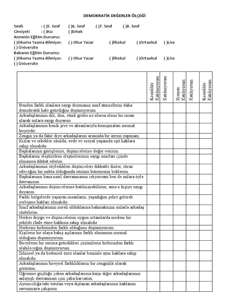 Demokrati̇k Değerler Ölçeği̇ | PDF