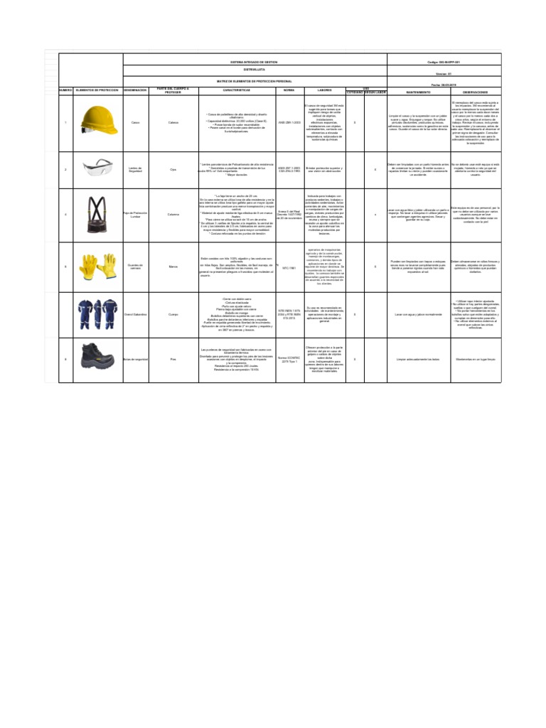 Matriz de Epp | PDF | Guante | Casco