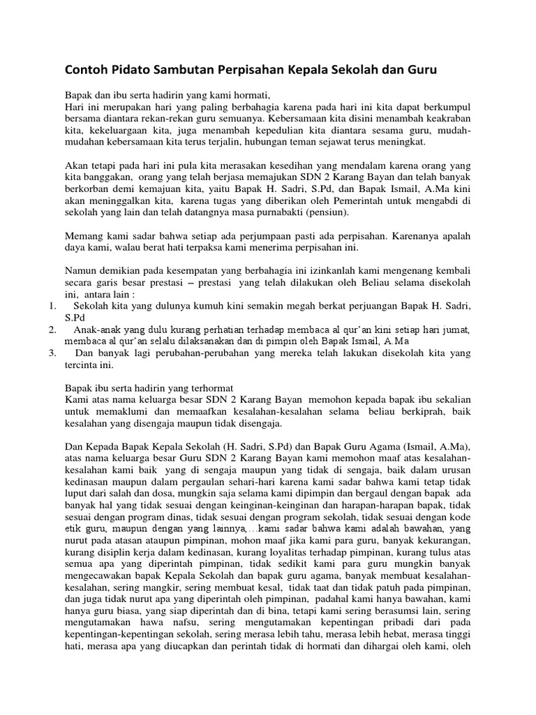 Contoh Pidato Sambutan Perpisahan Kepala Sekolah Dan Guru