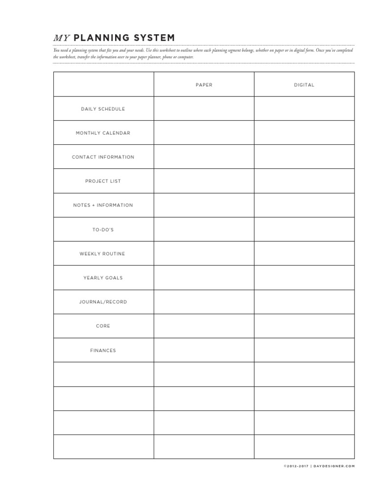 Personal Planning System Worksheet | PDF