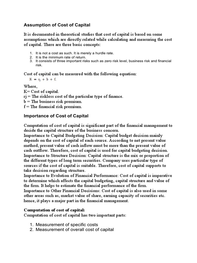 15.assumption of Cost of Capital PDF Cost Of Capital Equity (Finance)