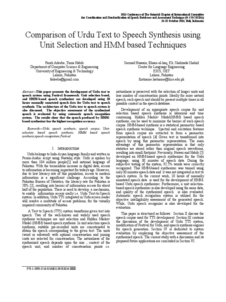 Comparison of Urdu Text To Speech Synthesis Using Unit Selection and ...