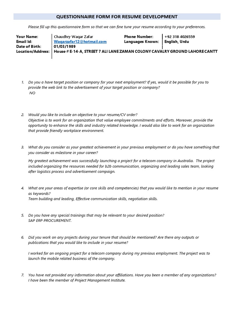 Questionnaire Form | PDF | Résumé | Employment