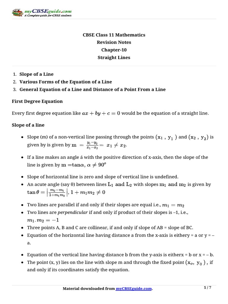 11 Maths Notes 10 Straight Lines Pdf Line Geometry Slope