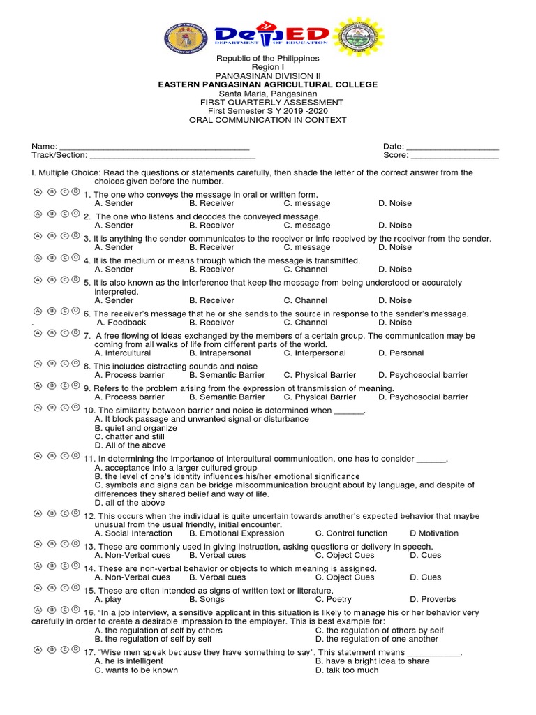 FIRST QUARTER EXAM IN ORAL COMM. Nonverbal Communication Communication