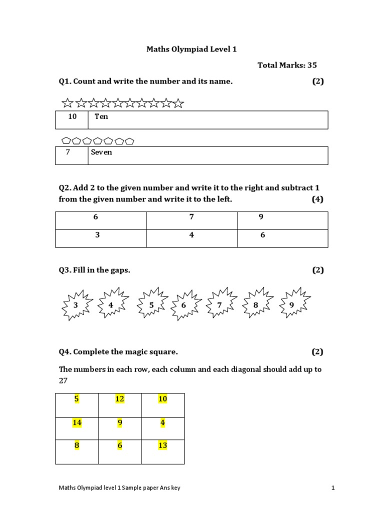 Class 1 Maths Olympiad Sample Paper | PDF | Teaching Mathematics