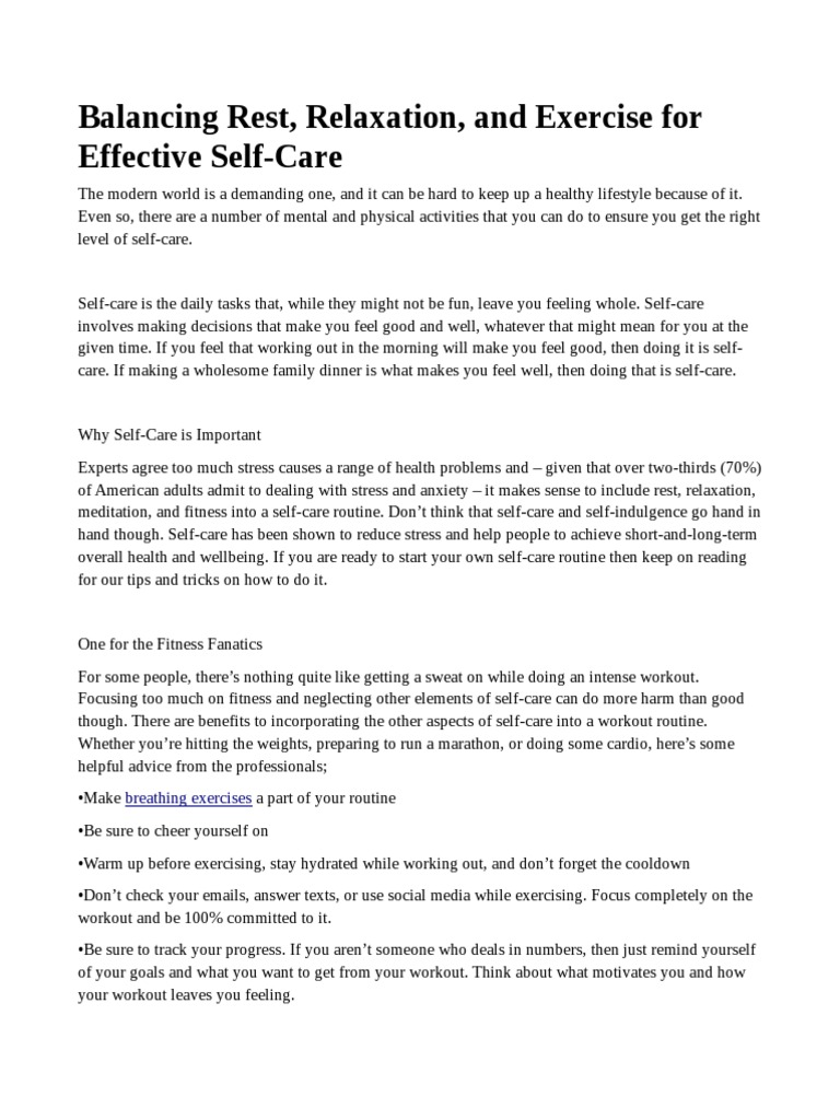Self-Care: Balancing Rest and Exercise | PDF | Relaxation (Psychology ...