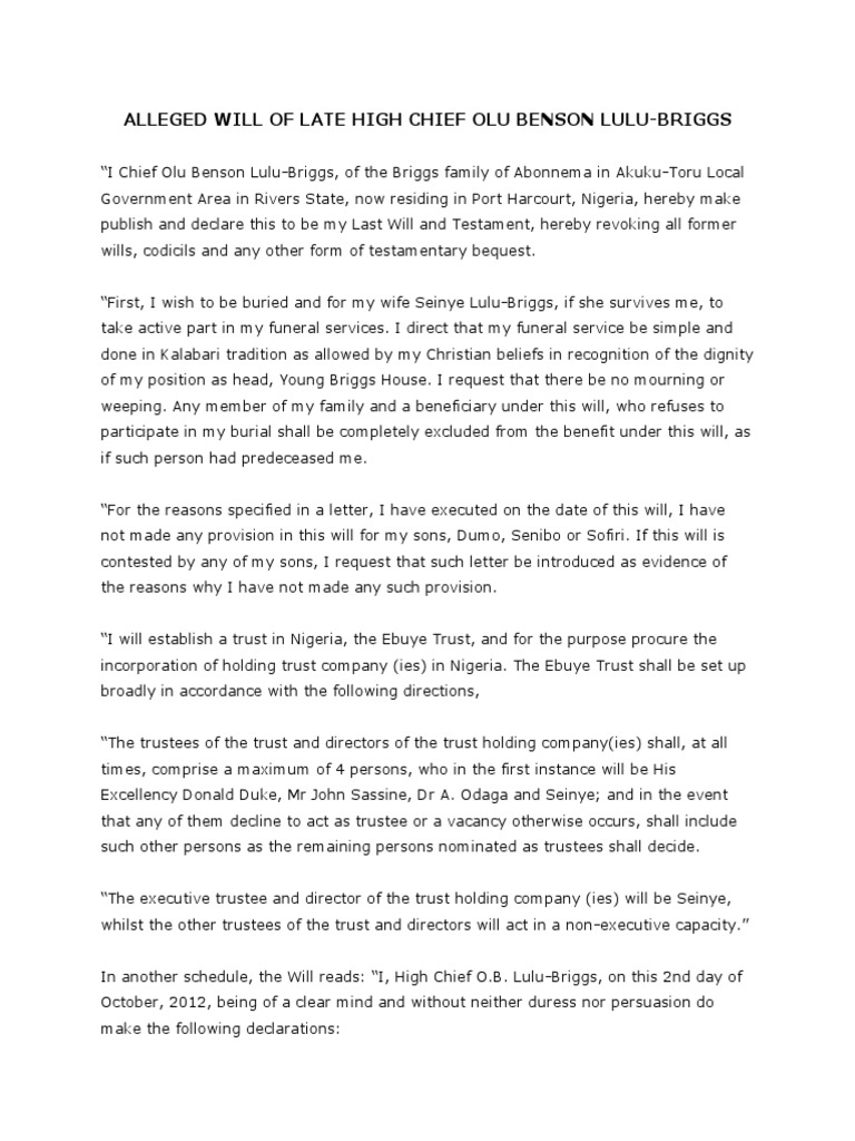 Alleged Will of Late High Chief Olu Benson Lulu  PDF  Will And
