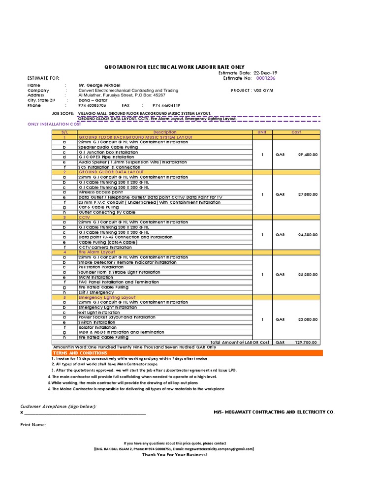 Electrical Estimate Template Equipment