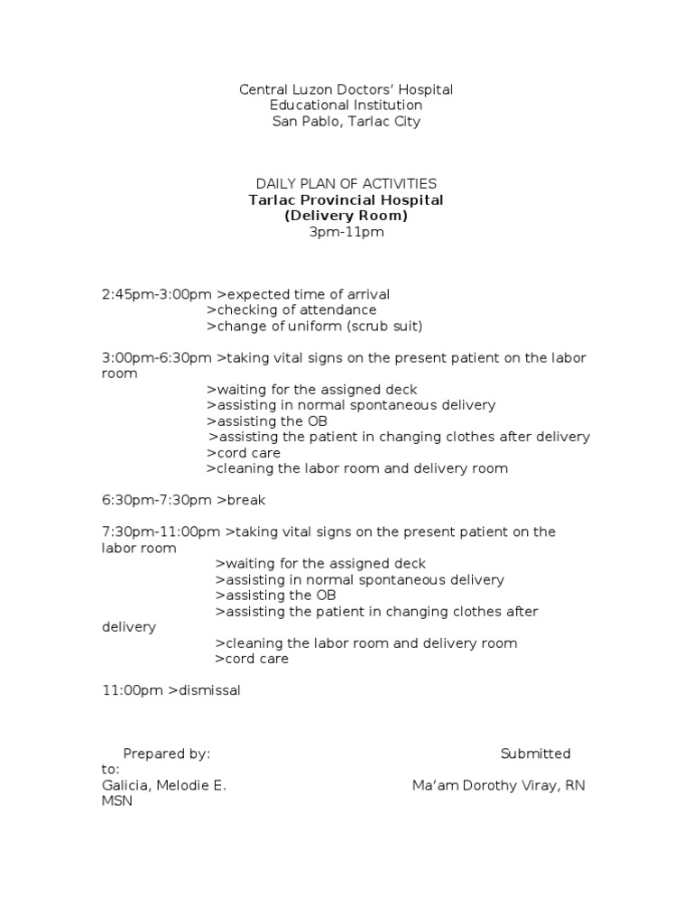 Daily Plan of Activities (Delivery Room)