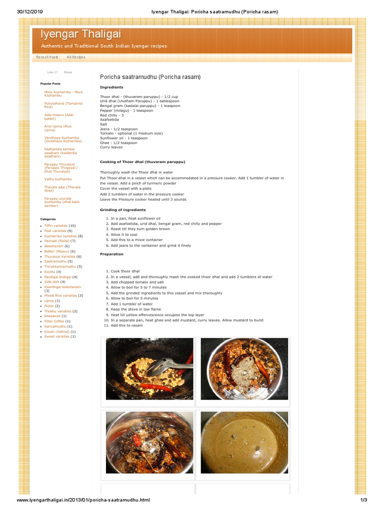 Iyengar Poricha Rasam Recipe | PDF | Food And Drink Preparation | Food ...