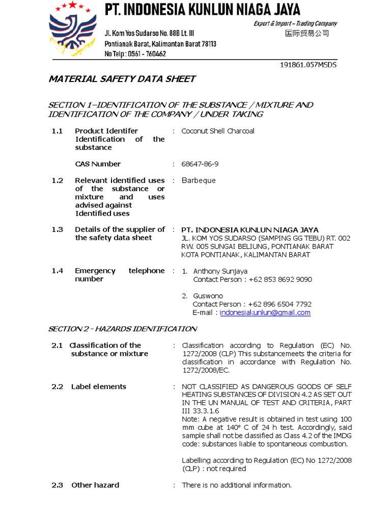 Msds Coconut Shell Charcoal Indonesia Kunlun Pdf Pdf Dangerous Goods Personal Protective Equipment