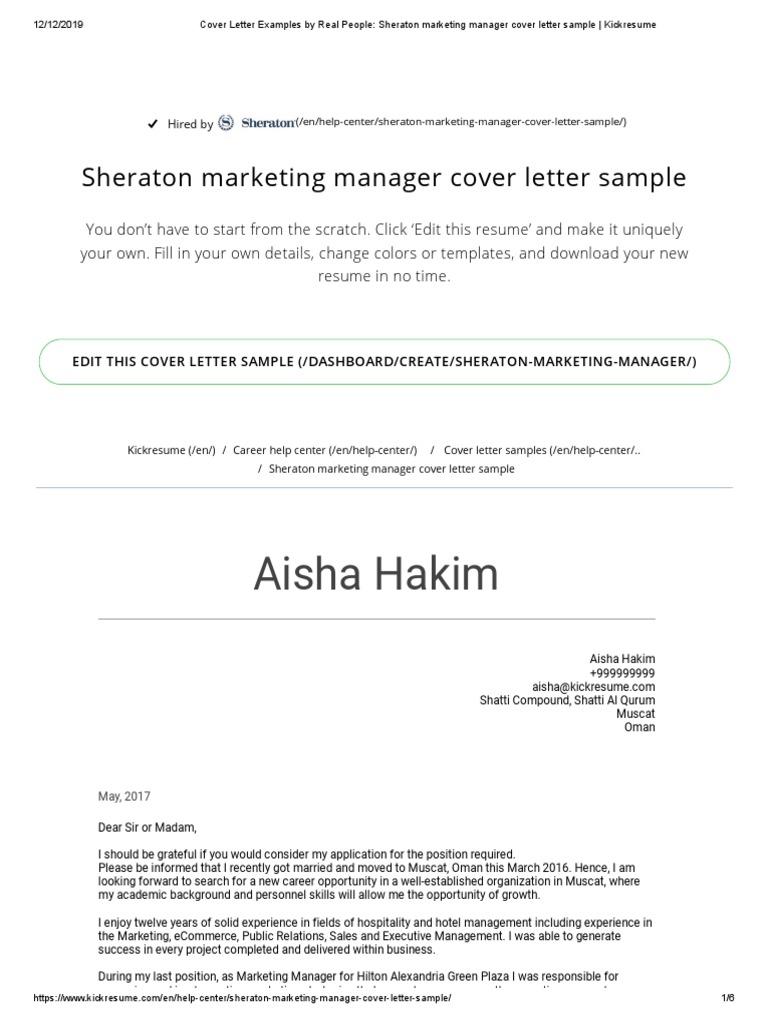 Cover Letter Examples By Real People Sheraton Marketing Manager Cover Letter Sample Kickresume Social Media Popular Culture Media Studies