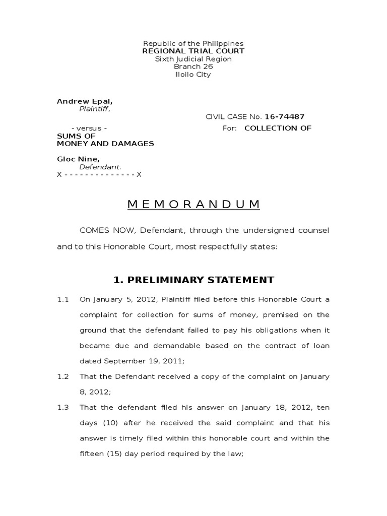 Memorandum For Defendant PDF Complaint Evidence