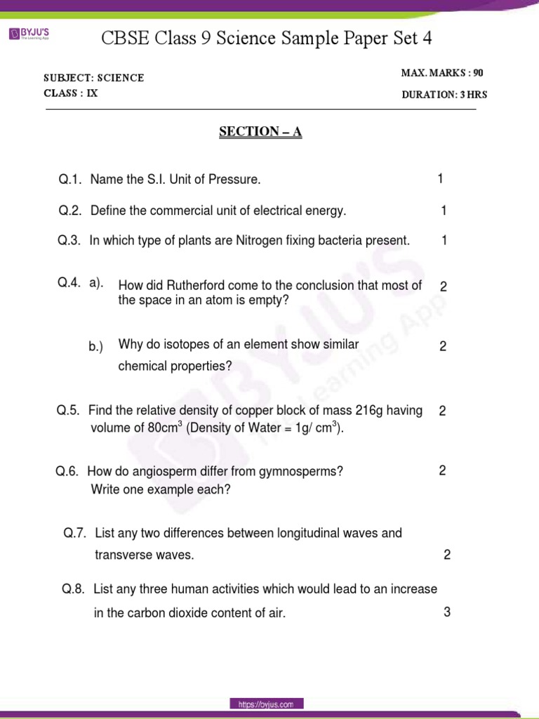 CBSE Sample Paper Class 9 Science Set 4 | PDF | Density | Atoms