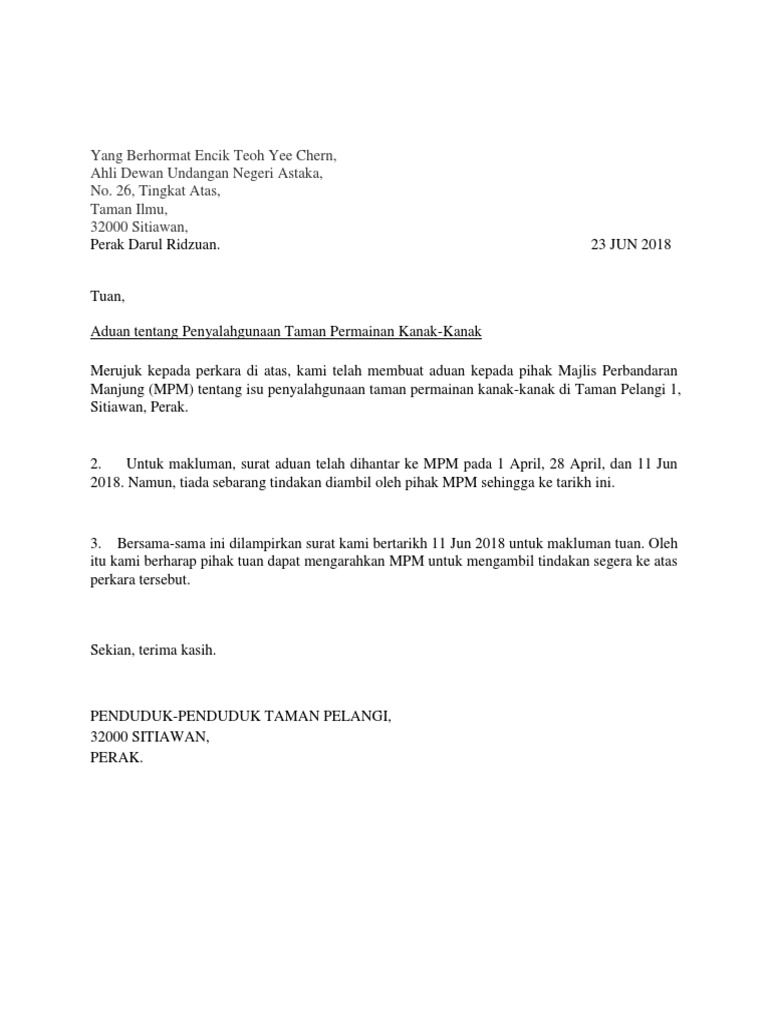 Surat Aduan Kpd Yb Pdf