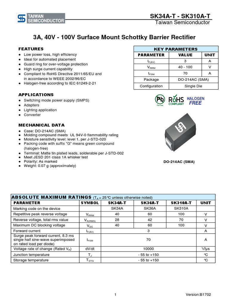 Sk34a-T Series - B1702 | PDF | Diode | Physical Quantities
