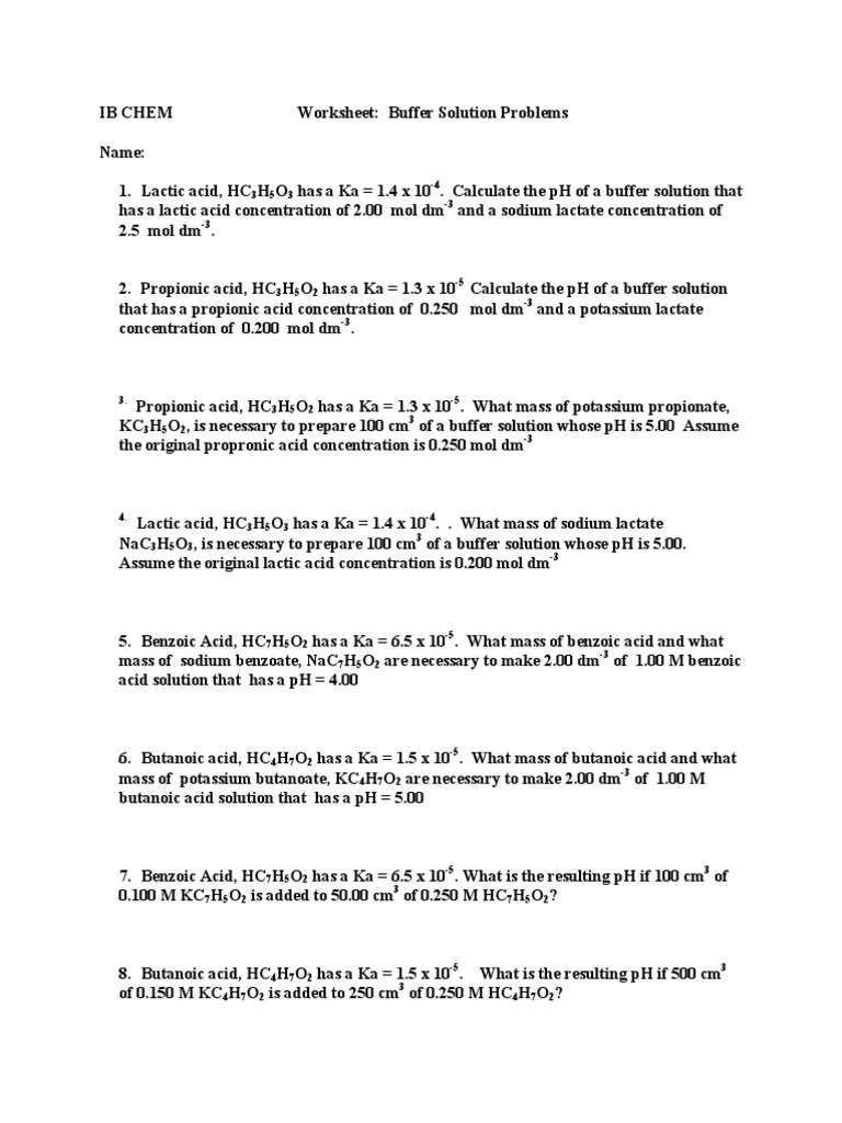 IB CHEM Worksheet Buffer Solution Problems PDF