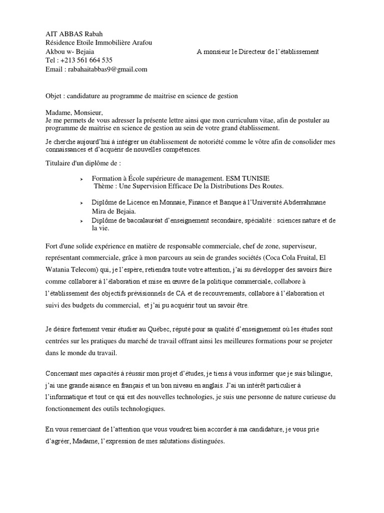 Candidature Maîtrise en Gestion Rabah AIT ABBAS | PDF | Évolution de ...