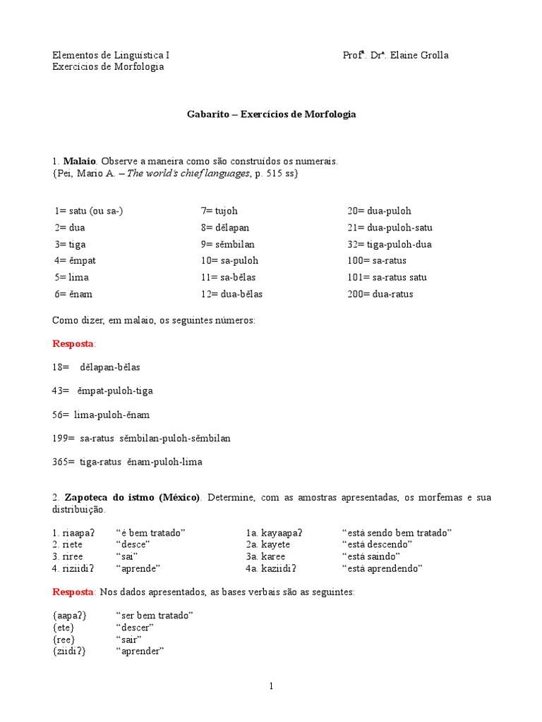 Gabarito - Exercícios de Morfologia | PDF | Suaíli (idioma) | Assunto ...