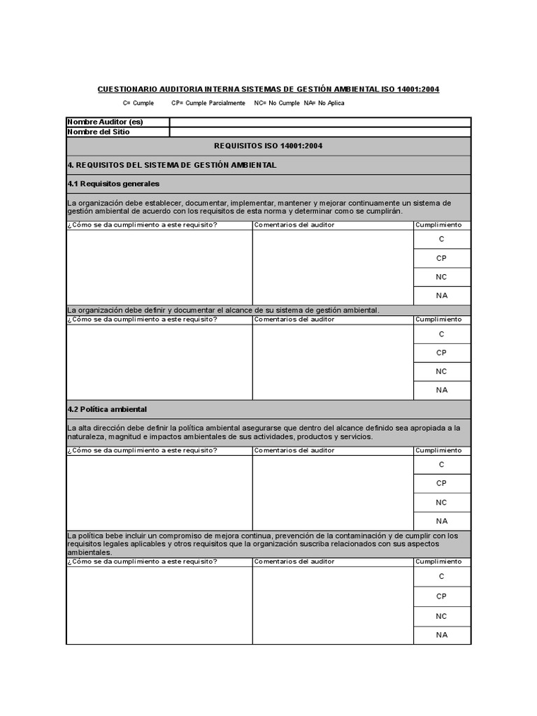 Check List para Auditoria Interna ISO 14001-2004 | PDF | Planificación ...