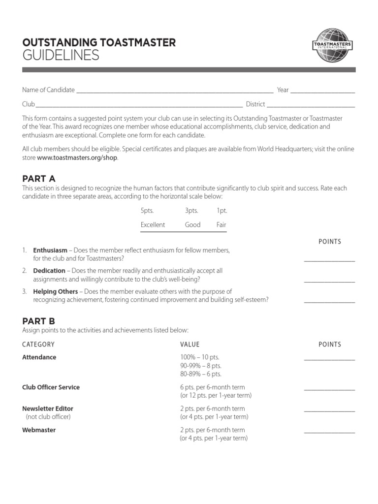 Outstanding Toastmaster Guidelines | PDF | Cognition | Psychological ...