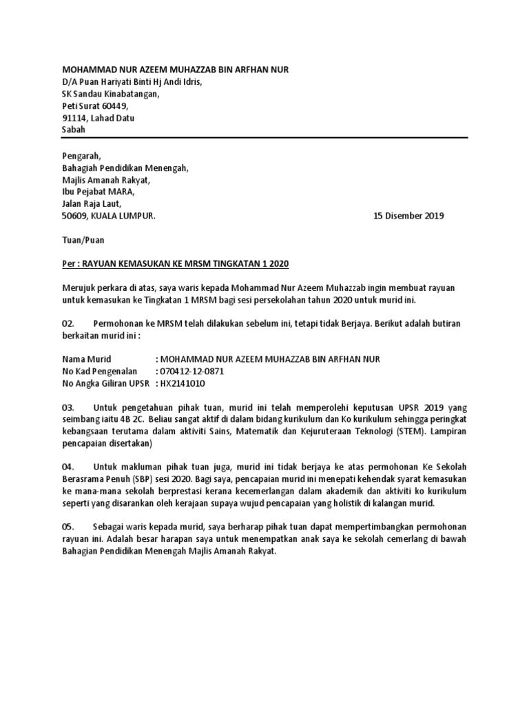 Surat Rayuan Mrsm Pdf