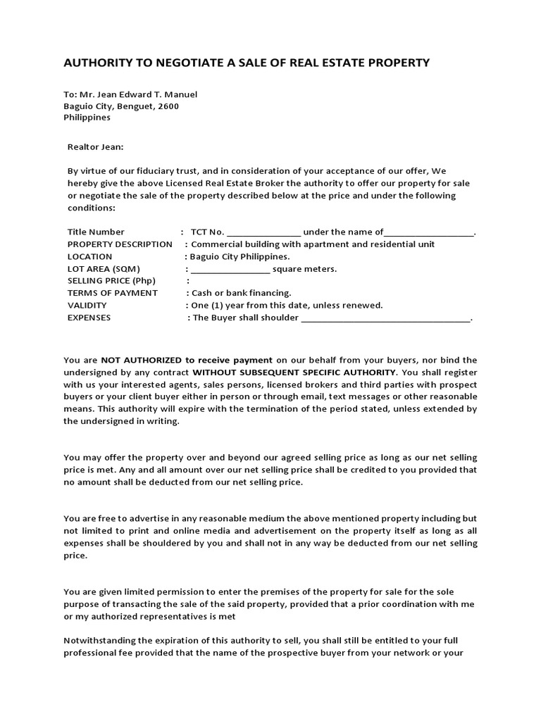 BLANKAUTHORITYTONEGOTIATEASALEOFREALESTATEPROPERTY.docx Real Estate Broker Law And