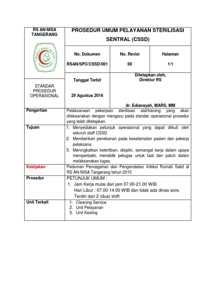 Prosedur Sterilisasi CSSD RS An-Nisa | PDF