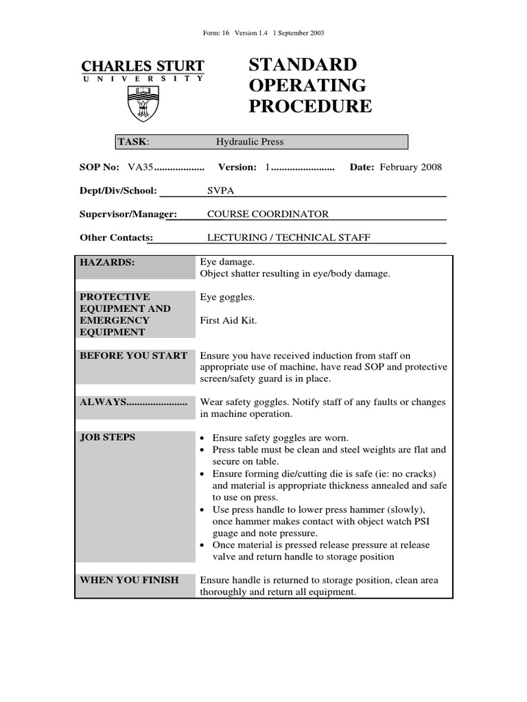 SOP of Hydraulic Press PDF PDF Nature