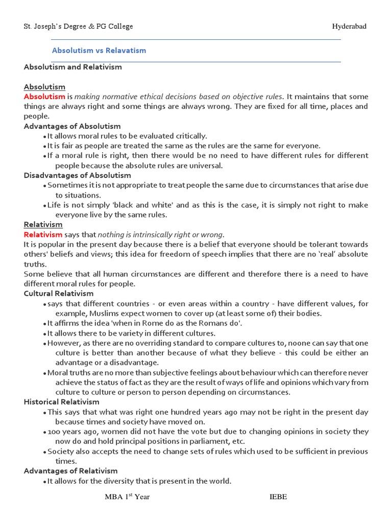 Absolutism vs Relativism in Ethics | PDF | Relativism | Morality