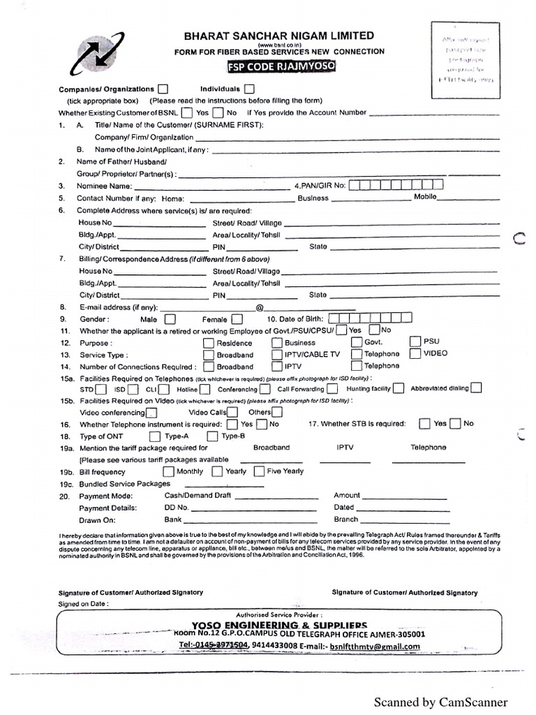 BSNL FTTH Application and Forms Guide | PDF