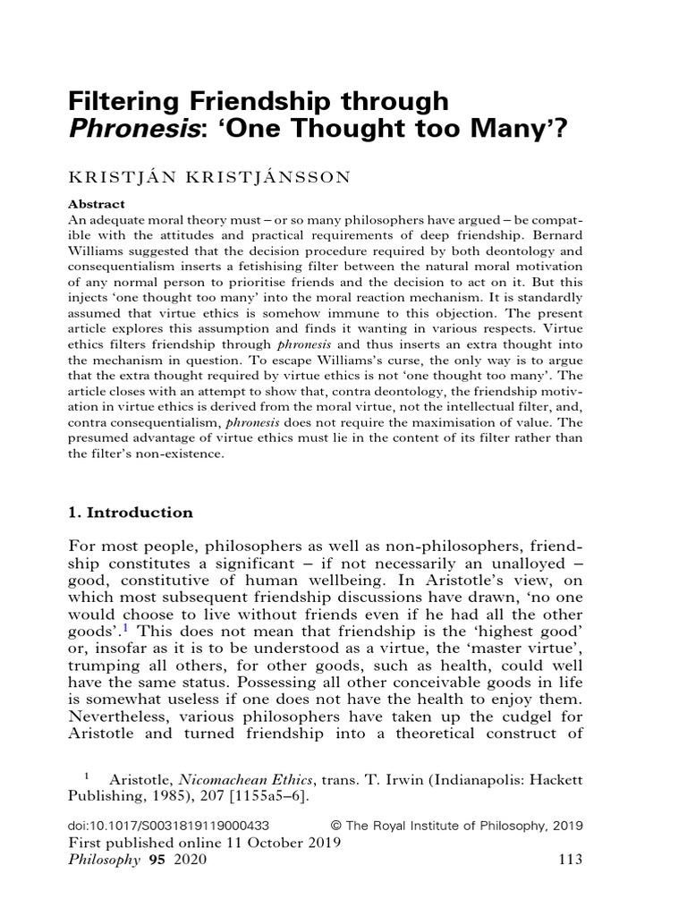 Kristjansson, Friendship Phronesis One Thought Too Many | PDF | Virtue ...