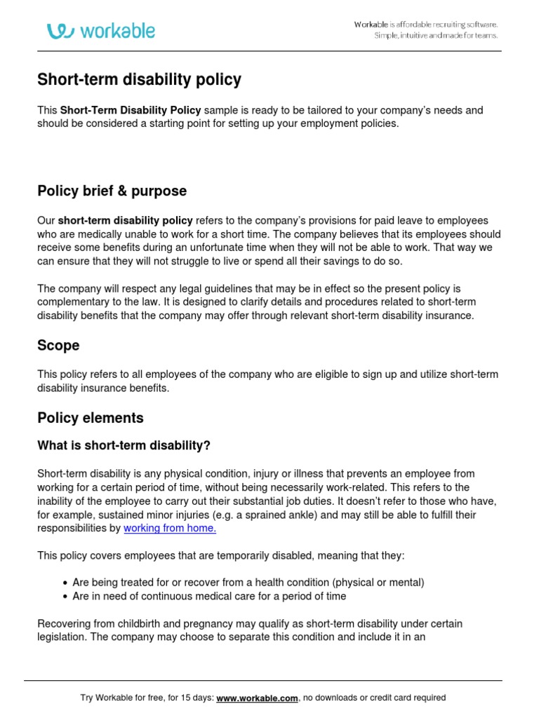 Short Term Disability Policy Download Free PDF Disability Insurance