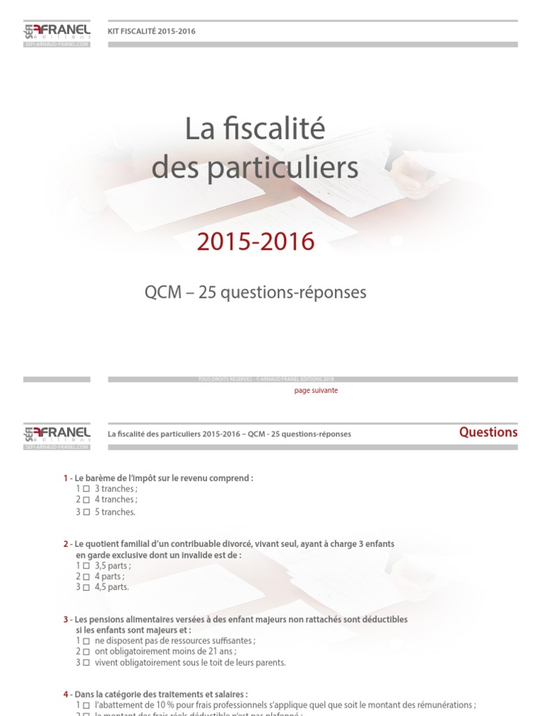 La Fiscalite Des Particuliers 2015 2016 QCM PDF | PDF | Impôt sur le ...