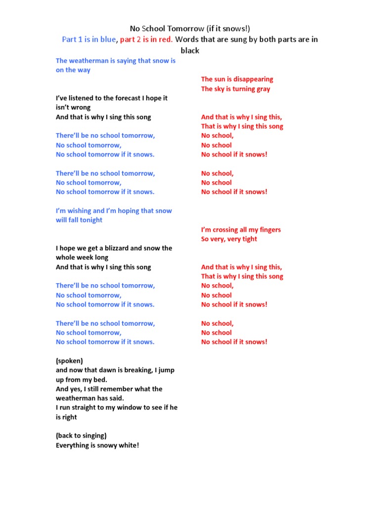 No School Tomorrow Lyrics Pdf Weather Entertainment General