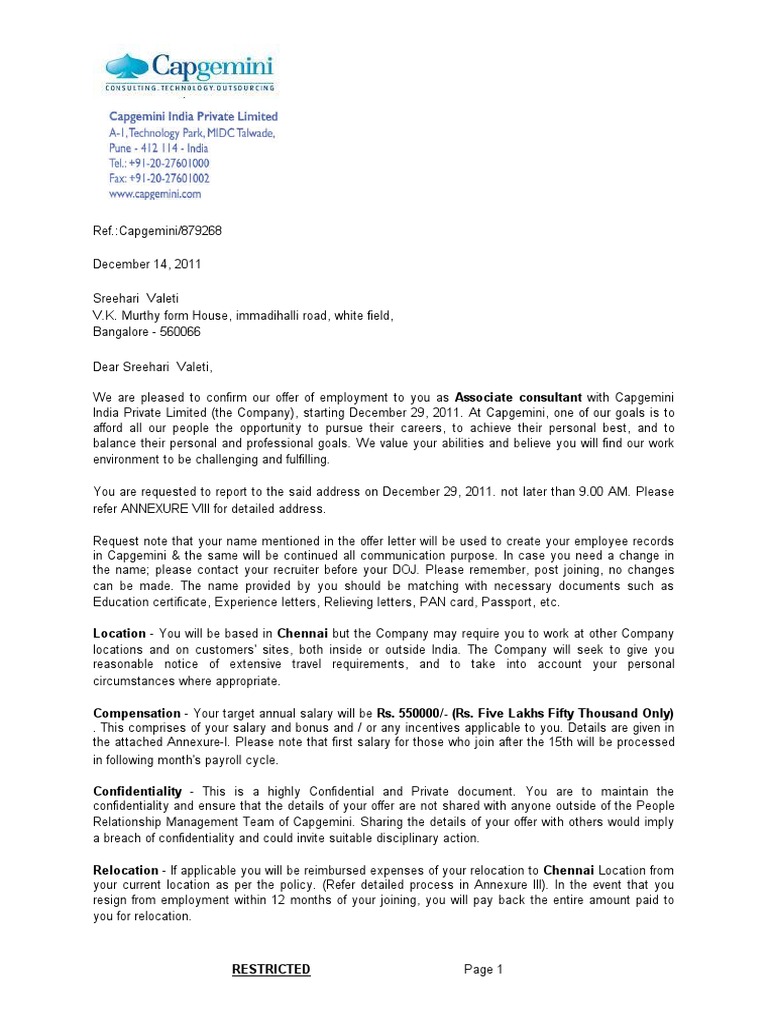 CapgeminiOfferLetter 29122011 PDF | PDF | Trade Secret | Patent