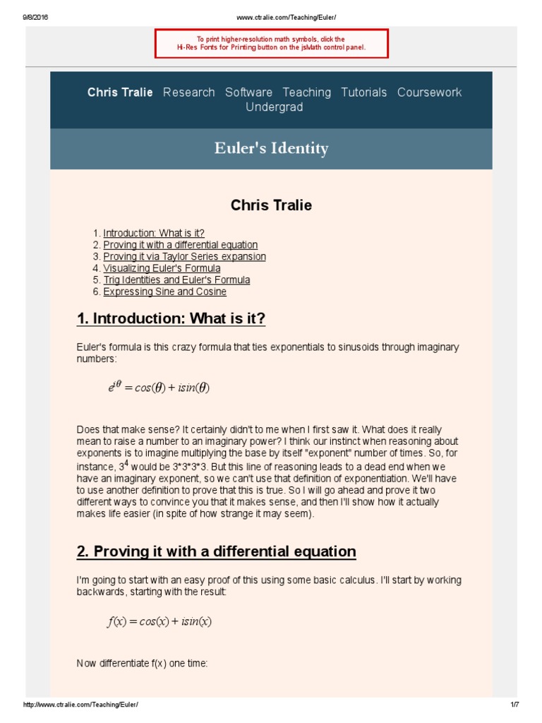 Euler's Identity | PDF | Complex Number | Trigonometric Functions