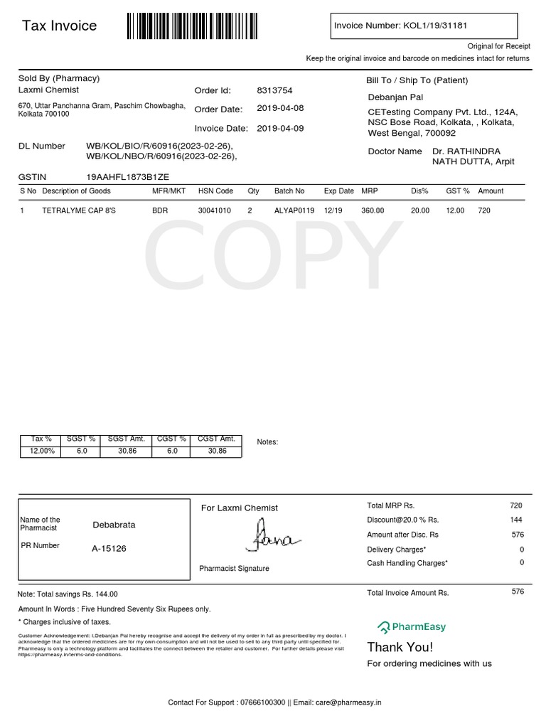 Pharmacy Tax Invoice for Medicine Purchase | PDF | Invoice | Health Care