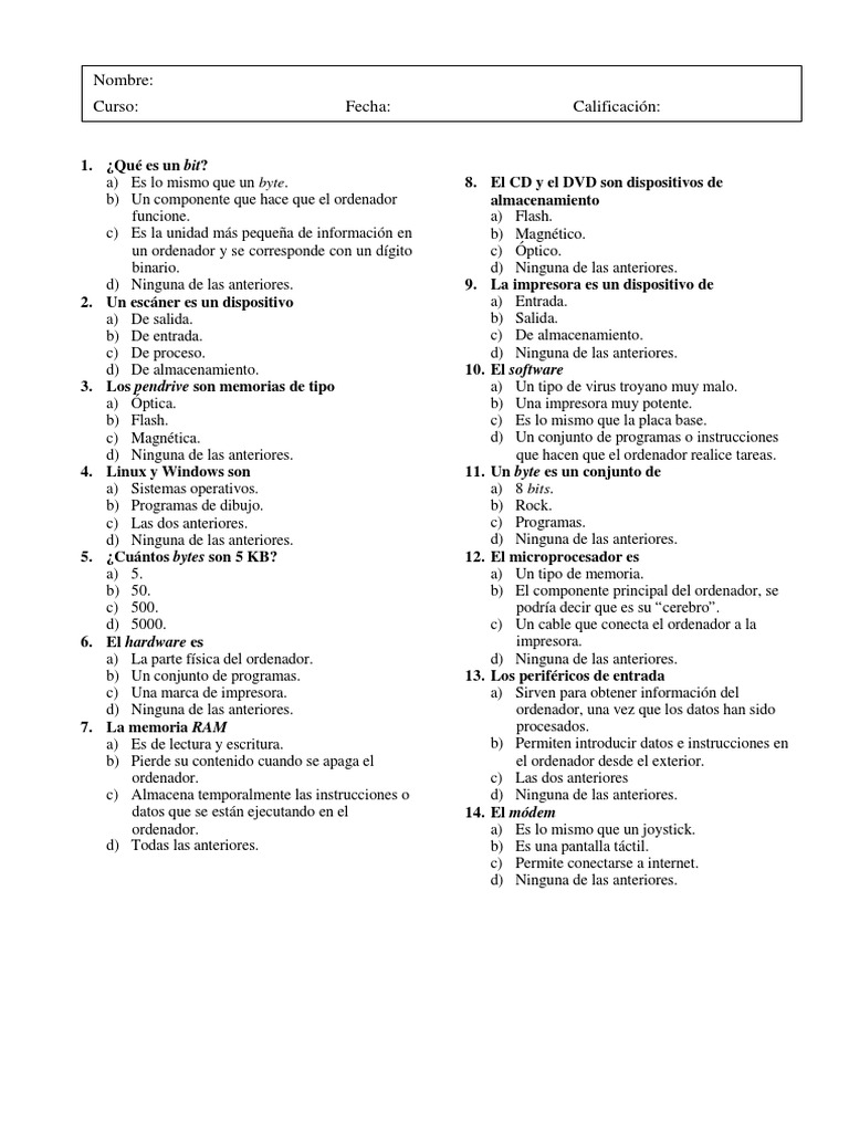Examen de Hardware y Software para Primaria | PDF | Hardware de la ...