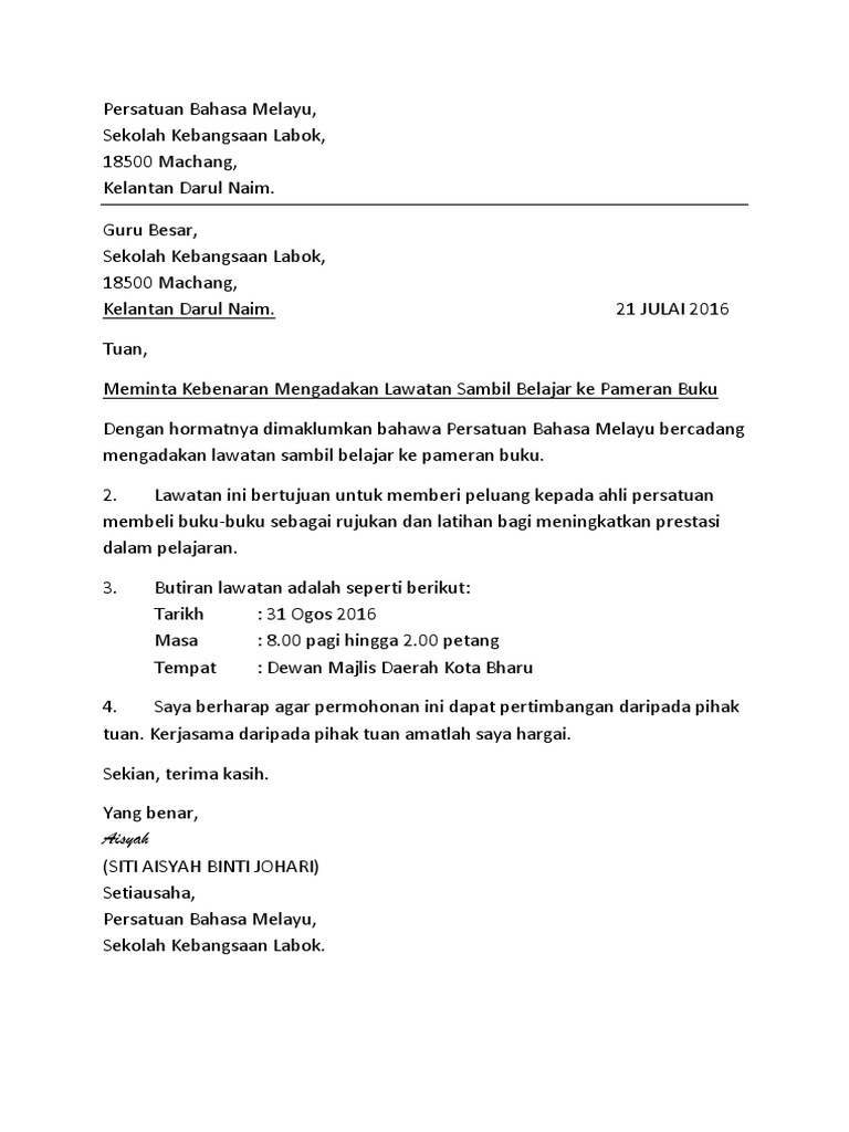 Contah Surat Memohon Guru Besar Mengadakan Lawatan Di Dewan Bahsa