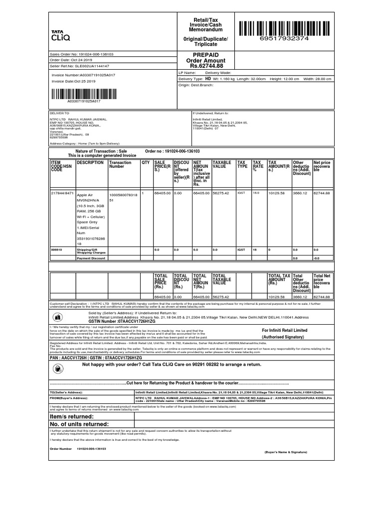 tata cliq 1 Invoice Sales